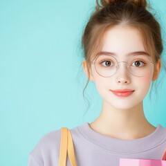 A young woman with glasses, holding a shopping bag, against a pastel blue background, dressed in casual attire, perfectly suited for themes of youth, fashion, shopping, or eyewear,