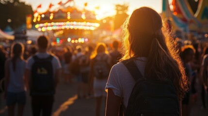 Poster - A sunset scene at a lively festival with a crowd and a carousel in the background.