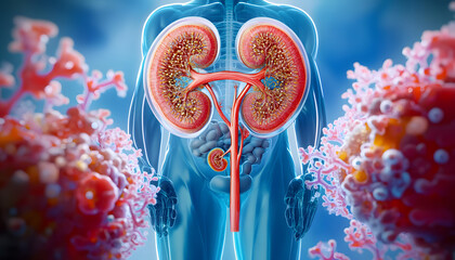 Detailed 3D illustration of the human urinary system with magnified view of kidneys