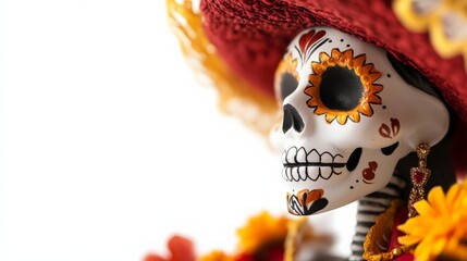 Close-up of a colorful Day of the Dead sugar skull decoration with floral details and a red hat, isolated on a white background.