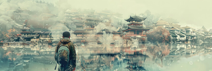 A person stands by a calm lake, admiring an ancient village shrouded in mist as dawn breaks, creating a peaceful atmosphere