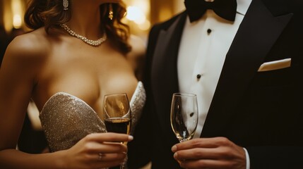 Poster - Elegant couple holding glasses at a formal event, showcasing glamour and celebration.