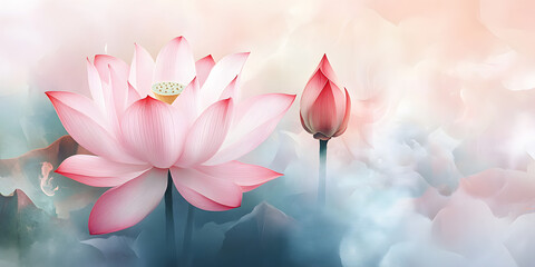 Watercolor illustration of soft pink lotus flower, abstract background