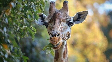 Wall Mural - A close-up of a giraffe munching on leaves, showcasing its unique features and habitat.