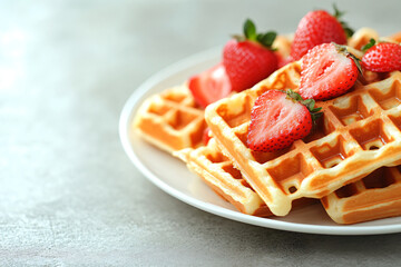 Delicious golden Viennese or Belgian waffles topped with fresh berries and strawberries on plate. Cozy lazy morning homemade recipe baking breakfast. Sweet dessert for restaurant and cafe menu