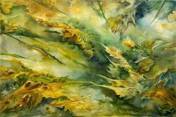 An abstract painting with sweeping green and yellow strokes.