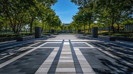 Canvas Print - A serene outdoor space with patterned paving and lush trees, inviting relaxation and reflection.