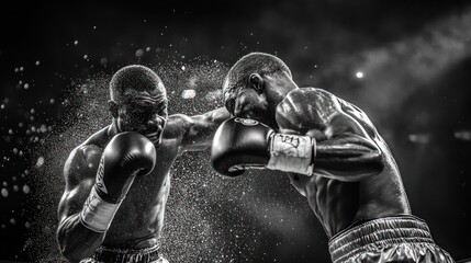 Two boxers engaged in a dynamic fight, showcasing athleticism and intensity in black and white.