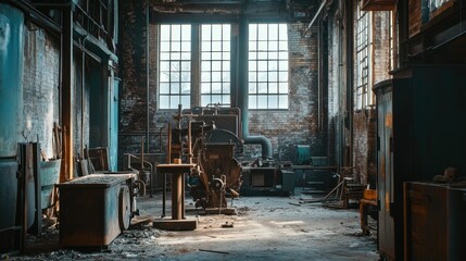 Wall Mural - An abandoned industrial space with machinery and natural light filtering through large windows.