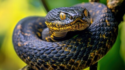 Sticker - A close-up of a black and gold snake coiled on a branch in a lush environment.