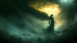 © Earny - Mysterious figure in a dark, cloudy landscape, illuminated by an ethereal light, evoking a sense of intrigue and wonder.