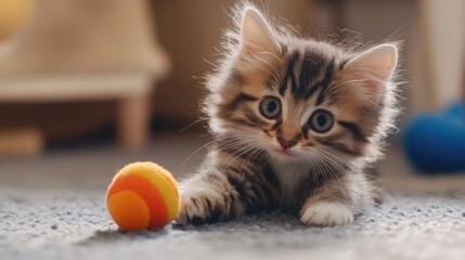 A fluffy kitten playfully batting at a colorful toy, with its big eyes and soft fur making for an adorable and heartwarming scene