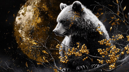 Wall Mural -  A painting depicts a bear perched on a tree limb, surrounded by ripe berries, against the backdrop of a full moon