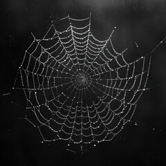 An intricate spider web glistening with dew droplets in the dawn light, displaying a beautiful and symmetrical pattern against a black background