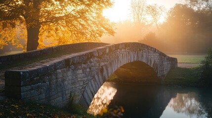 Wall Mural - A serene stone bridge arches over a misty river, surrounded by autumn foliage at sunrise.