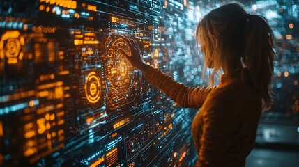 Wall Mural - A person swiping through virtual currency and banking icons on a holographic interface projected by their smartphone.