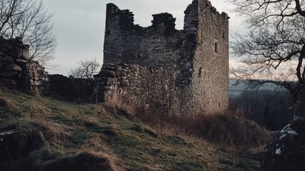 Canvas Print - A stone ruin of a tower surrounded by grass and trees under a cloudy sky.