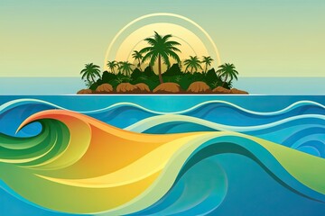 Wall Mural - Captivating Island Seascape with Dynamic Waves and Colorful Gradient on Clean Background