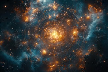 Wall Mural - celestial zodiac symbols floating in cosmic expanse mystical astrological signs illuminate against swirling galaxy backdrop dreamy ethereal interpretation of celestial divination