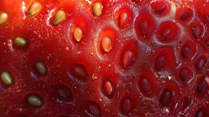 Close-up of a strawberry showcasing its vibrant red texture and tiny seeds.