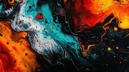 Wall Mural -   An abstract painting featuring orange, blue, and black hues with water droplets at its base