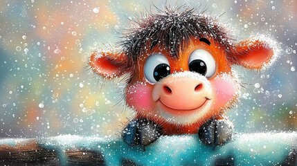 Wall Mural -   A brown and white cow sits on a wooden fence in snow, smiling