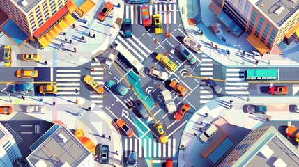 A cartoon illustration of a busy city intersection.