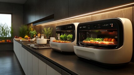 Futuristic AI-controlled home cooking robots following complex recipes and adapting to preferences