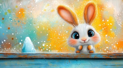 Poster -   A painting of a rabbit emerging from behind a wooden panel and an iceberg in the foreground