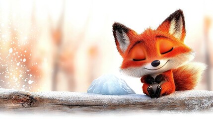 Poster -   A red fox rests atop a wooden block beside an ice pile and another piece of wood