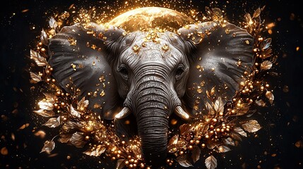 Wall Mural -   An elephant's head appears surrounded by leaves and gold flakes, with the full moon behind