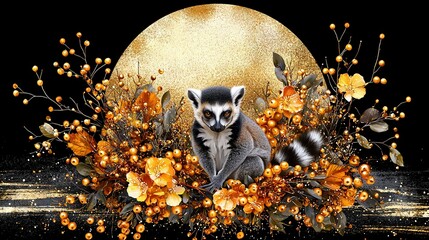 Canvas Print -  Raccoon surrounded by Flowers and Moon on Black Background