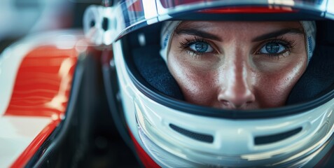 Determination and focus. Close-up of female racer in element, showing concentration. Ready to conquer the track