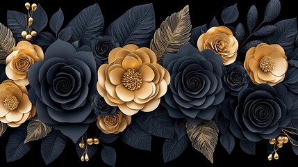 Poster -  Black and gold floral border with leaves and flowers on black background featuring gold leaves and flowers