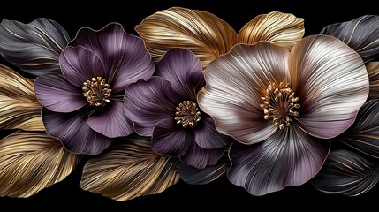 Poster -   A close-up of a bouquet with gold, purple, and silver flowers on a black background