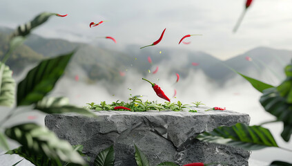 Gray stone podium surrounded by flying red chili peppers, set against the backdrop of misty mountains and lush greenery. Product presentation copy space