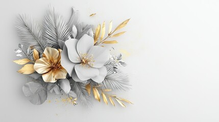 Poster -   White and gold floral arrangement on a white background, with a gold leaf and flower arrangement to the left, optimized text