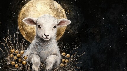 Wall Mural -   Painting of a sheep sitting in front of the full moon with berries in the foreground, and grass in the background