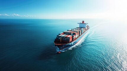 A majestic large cargo ship navigating through the vast, open ocean under a clear blue sky, showcasing its size and power in the maritime environment.