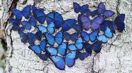 Wall Mural -   Blue butterflies sitting on tree bark, forming heart-shaped cluster