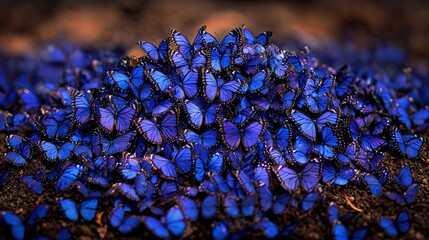 Canvas Print -   A large group of blue butterflies resting in unison atop a field of dirt and grass