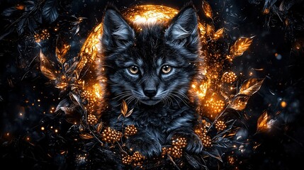 Poster -   A black background with a close-up of a cat surrounded by leaves and a ball of fire in the center