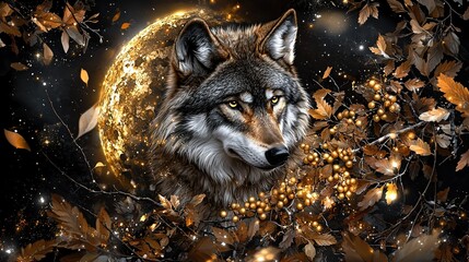 Sticker -   A painting depicts a wolf beneath the full moon with golden leaves on the tree's branches