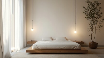 A minimalist bedroom with a low bed, simple light fixtures, and a few carefully chosen decor items, creating a tranquil and open space.