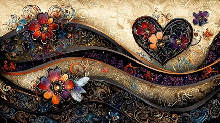 Wall Mural -   A stunning depiction of two intertwined hearts adorned with vibrant flowers against an elaborate gold and black background, featuring intricate swirls and patterns