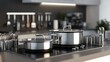 © วรรณภา มะโนศรี - A modern kitchen scene with a set of matching pots and pans on a sleek stovetop, complemented by stylish kitchen utensils and countertops.