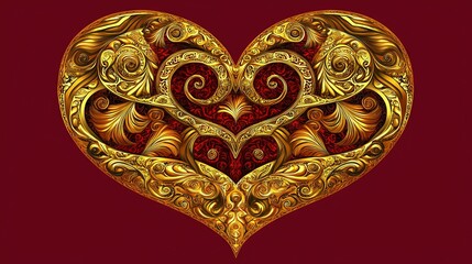 Wall Mural -   A golden heart on a red background with swirls and swirls in the shape of a heart