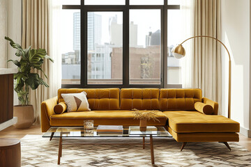 Mid century Modern interiors in residential living rooms with large windows and yellow sofas. Generative AI
