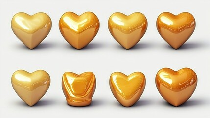 Wall Mural -   A group of glistening gold hearts arranged on a pure white background with a subtle shadow beneath them