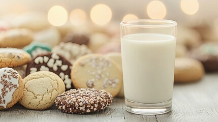 Poster -   A glass of milk sits beside a sprinkled pile of cookies